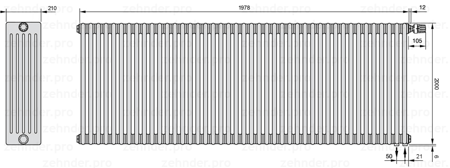 Схема (чертеж) Радиатор Zehnder Charleston 6200/43 №V002 Белый глянцевый RAL 9016